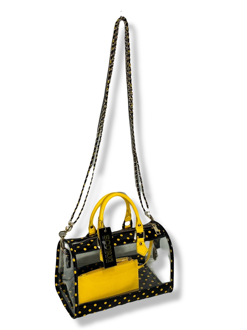 Stadium approved CLEAR bag NWT DustBag BagCharm black yellow polkadot